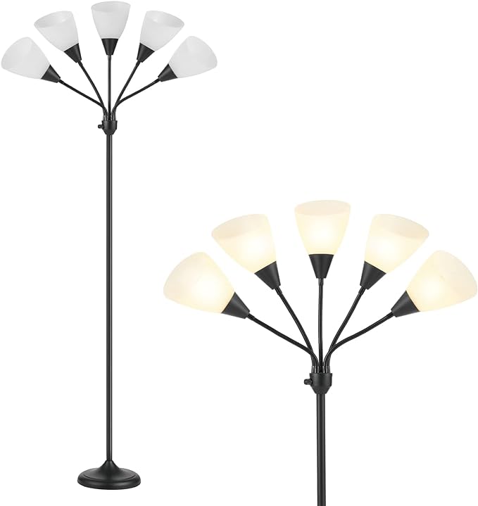 HonoDing Medusa Floor Lamps Standing Lamps 5 Heads Adjustable Reading Light Large Shade Use E26 A19 Bulb Floor Lamps for Living Room Bedroom (Black)