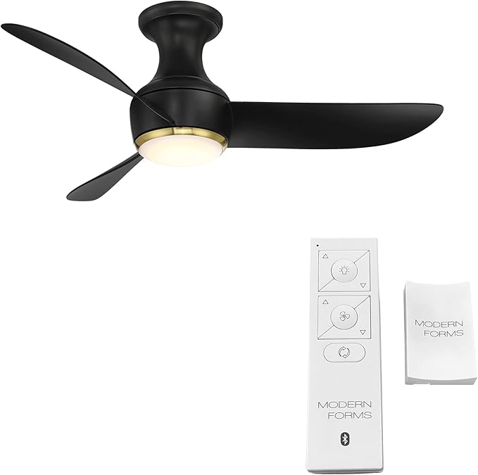 Corona Smart Indoor and Outdoor 3-Blade Flush Mount Ceiling Fan 44in Satin Brass Black 2700K LED Light Kit and Remote Control worksworks with Alexa and iOS or Android App