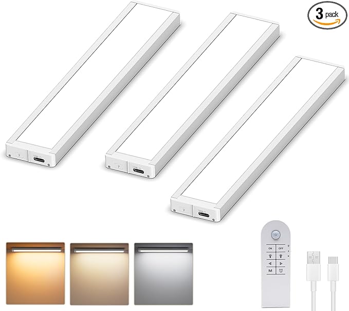 AIBOO Under Counter Lights, 1800mAh Rechargeable Gun Safe Lights Motion Sensor Lights,3 Pack 8 inch Under Cabinet Lighting,3 Color Temperatures Magnetic Closet Lights for Kitchen, Stairs,Wardrobe
