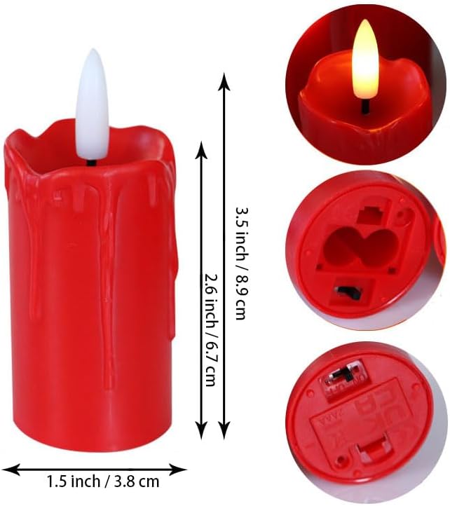 Battery Operated Plastic Flameless LED Drip Pillar Candle with Cycling Timer, Red Flickering Realistic Electric Light for Christmas Halloween Indoor Home Dinner Party Centerpiece Fireplace Decor 6Pcs