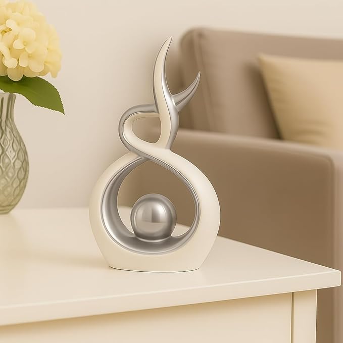 White & Silver Abstract Ceramic Ornament – Modern Decorative Sculpture for Living Room, Shelf & Coffee Table Decor – Minimalist Home Décor Accent, Table Centerpiece Gift