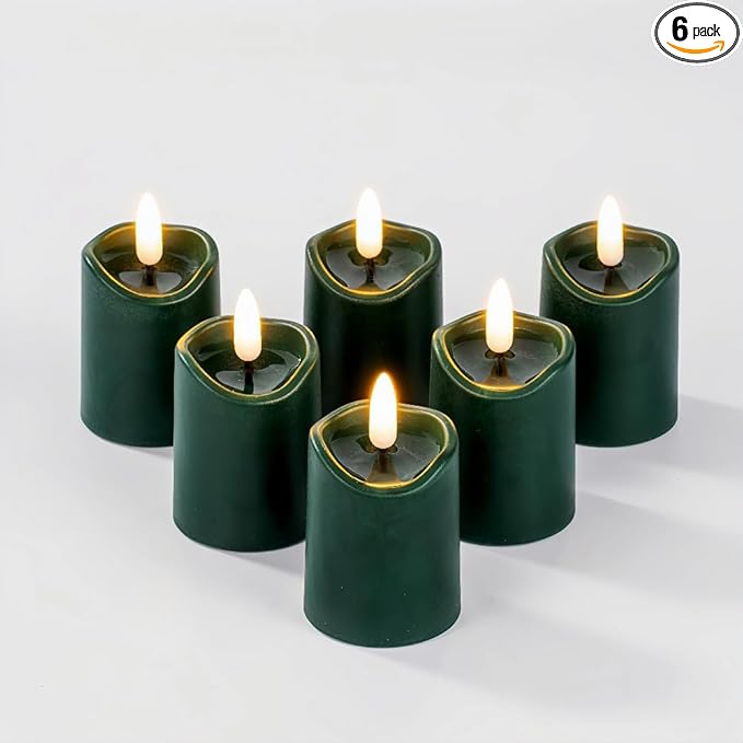 Simplelight Green Flameless Votive Candles with Timer, Realistic Black Wick Advent Wreath Candles Battery Operated, Battery Included, D 1.8” X H 3.1”, Set of 6 for Christmas Decoration(Green)