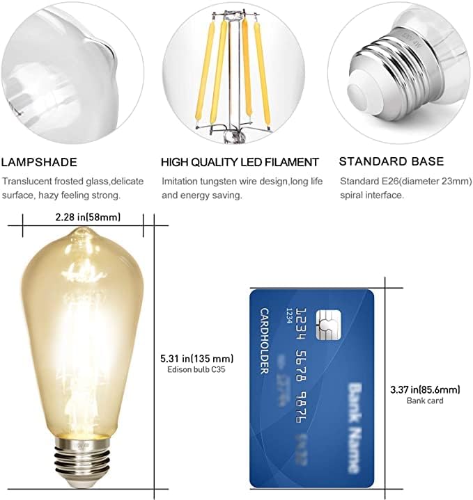 Vintage Edison Bulb 4W,Equivalent 40W Incandescent,ST18 Antique LED Filament Bulbs,Non Dimmable 2700K Warm White,E26 Led Bulb,Pack of 12