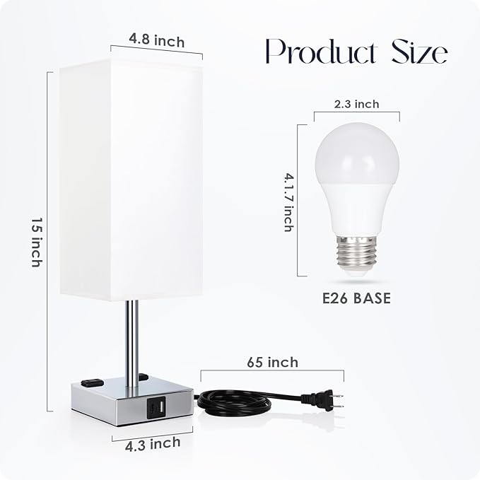 Soilsiu Set of 2 Bedside Table Lamp 3 Way Dimmable Nightstand Lamp with USB C & USB A Charging Port, 2 AC Outlets, 3000K LED Bulbs (White)