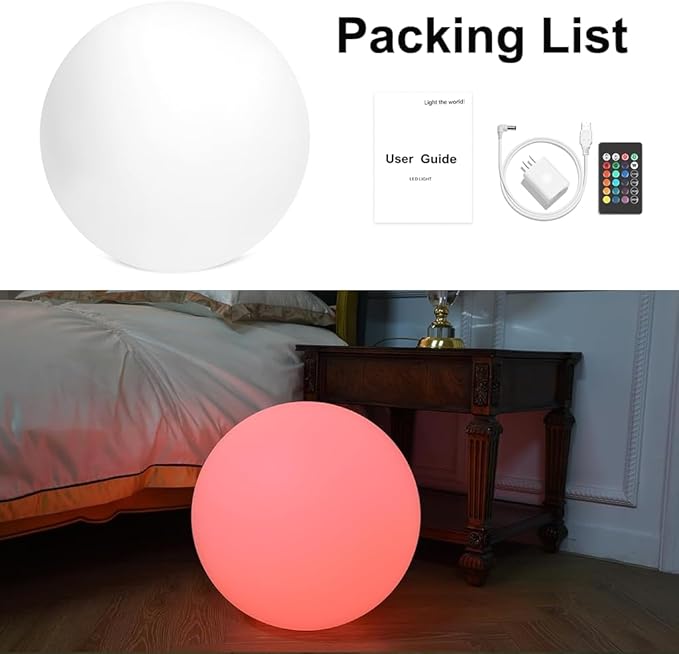 20-inch Large LED Globe Orb Light, Rechargeable LED Ball Light, Dimmable 16 RGB Colors Globe Floor Lamp w/Remote, Indoor/Outdoor Waterproof Glowing Orb Mood Lamp for Home Garden Patio Party