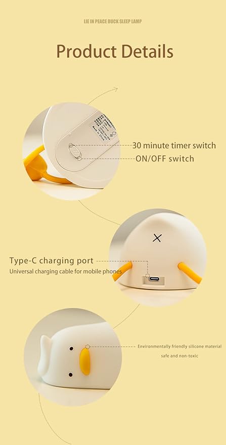 Lying Flat Duck Night Light for Kids,Touch Dimmable,Rechargeable Portable Squishy Silicone Led Nightlight,Kawaii Gift,Nursery,Toddler,Breastfeeding,Bedroom Decor,Timing Bedside Lamp,Birthday