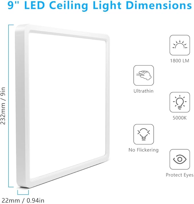 9Inch 18W Square LED Ceiling Light Fixtures Flush Mount, 5000K Daylight White LED Ceiling Lamp, Surface Mount Modern Ceiling Lights, Slim Flat Panel Lighting for Bedroom, Kitchen, Bathroom Etc.