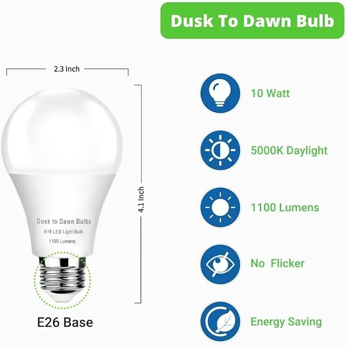 GEPLAD 12-Pack Dusk to Dawn Light Bulbs Outdoor 75 Watt Equivalent, Automatic On/Off Sensor LED Light Bulb, 10W Daylight 5000K, 1100 Lumen, A19 E26 Bulbs