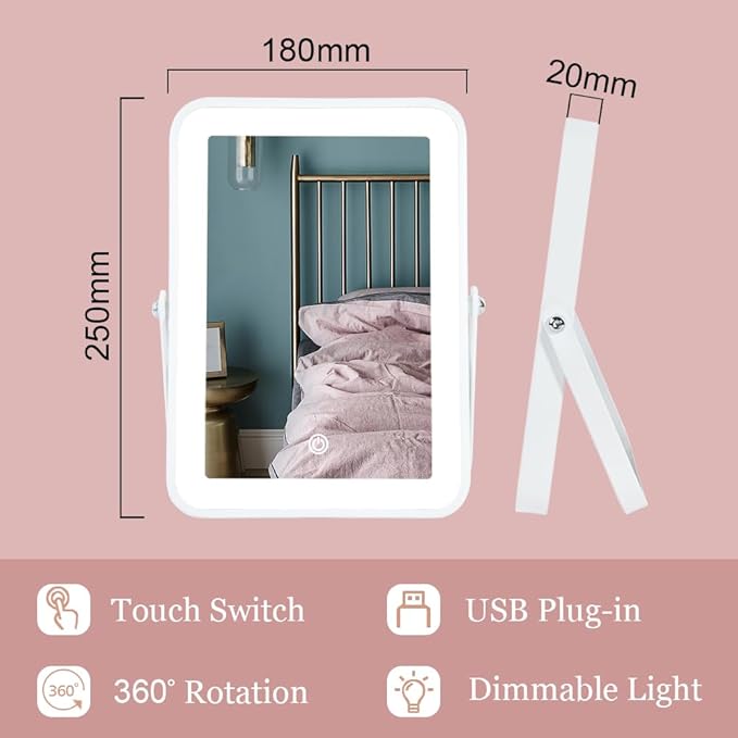 Rechargeable Vanity Mirror with Lights,Desk Makeup Mirror with Lights,Portable Travel for Makeup Desk ＆ Dressing Room,3 Color Lighting, Dimmable Touch Screen