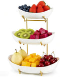 Ceramic Fruit Bowl for Kitchen Counter - 3 Tier Fruit Basket with Metal Stand, Tiered Fruit Stand for Countertop, Snack, Nuts, Cake, Dessert, Cute (Gold, Large)