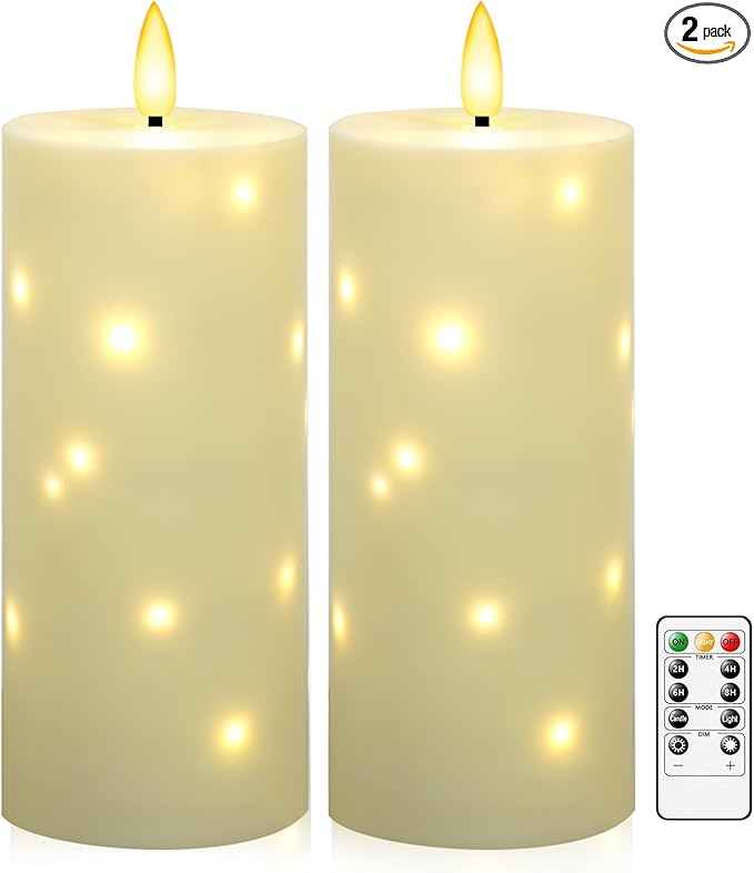 10" x 4" Large Outdoor Waterproof Flickering Flameless Candles with Timer,2Pcs Battery Operated LED Pillar Candles with Embedded Star String for Outdoor Lanterns,Porch,Patio Decor(Ivory)