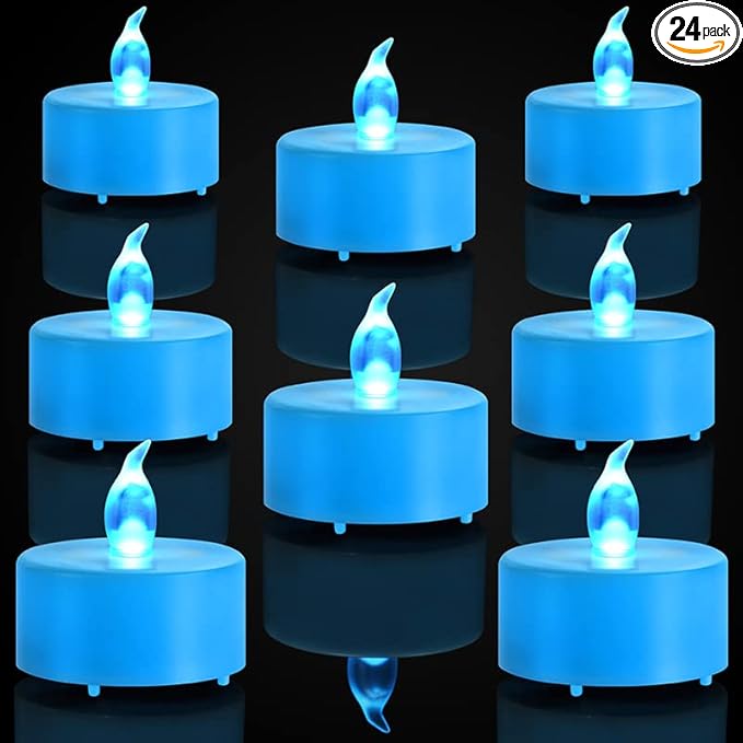 Battery Operated Flameless Tea Lights Candles-LED Flickering Votive lamp Long Lasting 200 Hours,24 Pack Realistic and Bright for Seasonal Festive Celebrations Decoration(Blue)