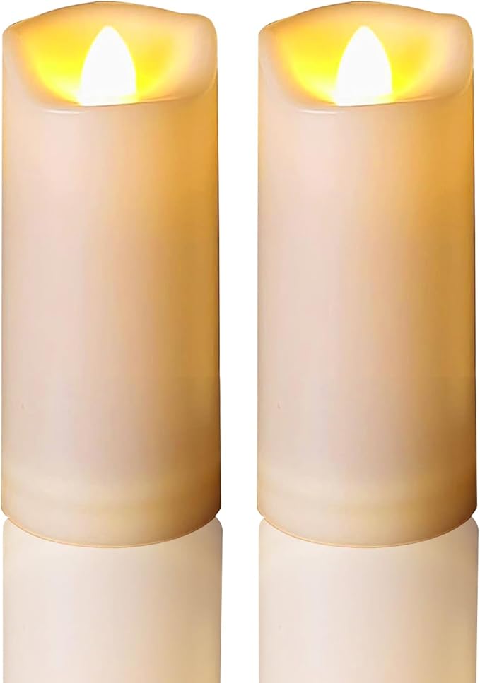 Battery Operated Plastic Flameless LED Pillar Candle with Cycling Timer, Realistic Flickering Electric Light for Indoor Outdoor Bookshelf Wedding Dinner Party Centerpiece Fireplace Decor Pack of 2