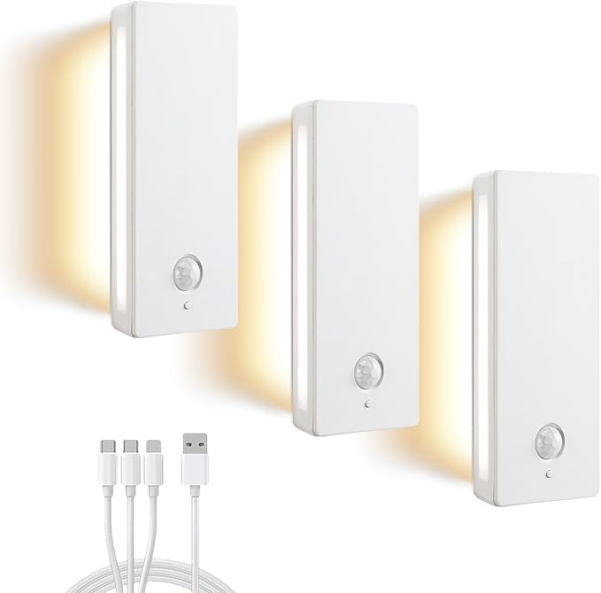 Rechargeable Battery Night Light with Motion Sensor, Cordless Battery-Powered Stick-on Magnet Toilet Lights, Soft Two-Sided Glow, 3CCT Dimmable, for Bedroom, Closet, Stairs (ABS *3pack)