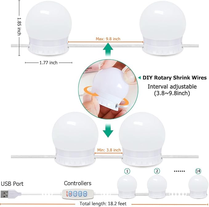 LED Vanity Lights - Adjustable Color Temp & Brightness,14 Dimmable Bulbs for Dressing Mirror Lighting