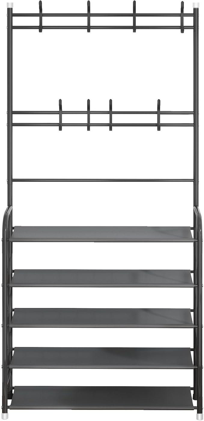 UDEAR Entryway Coat Rack,3-in-1 Hall Tree Multifunctional Storage Shelf with 5-Tier Shoe Bench and 8 hooks,20-25 Pairs of Shoes,Easy Assembly,for Entrance Foyer Bedroom Barthroom,Black