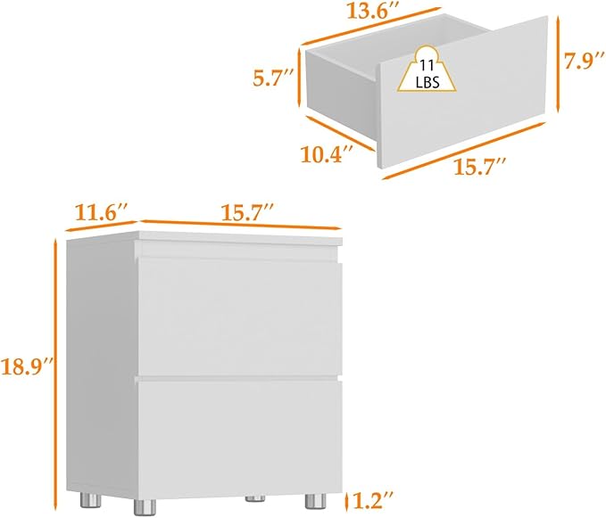 FAMAPY Modern Nightstand with 2 Drawers, Bedroom Storage Cabinet, Modern End Side Table, No Handle Design, for Living Room White 15.7”W x 11.6”D x 18.9”H