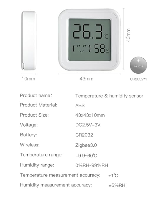 Zigbee Temperature and Humidity Sensor, with Display, Wireless Thermometer for Home Automation, ℃/℉ Switching, Remote Monitoring, Compatible with Hub/Gateway Devices with Zigbee Built-in