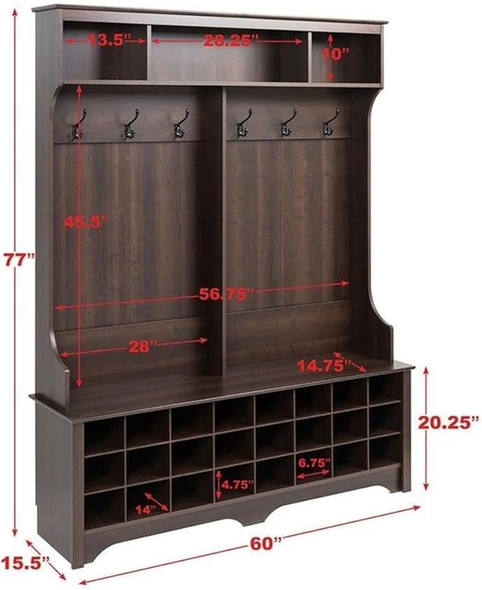 Prepac Brown Hall Tree, Shoe Cabinet, Storage Cabinet with 24 Shoe Cubbies and 6 Double Coat Hooks 15.5" D x 60" W x 77" H