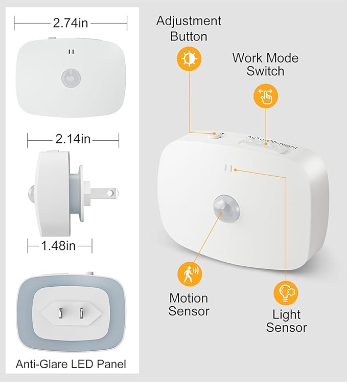 LED Night Light, Plug-in LED Backlit Night Light with Motion Sensor & Dusk to Dawn Sensor, Dimmable Nightlight 3-Color Temperature Adjustable Brightness for Bedroom Bathroom Stairs Hallway