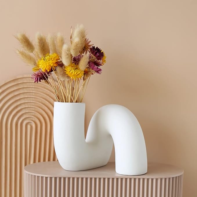 White Ceramic Flower Vase for Decor,Modern Minimalist Abstraction Vases,Farmhouse Decorative vase for Centerpieces,Kitchen,Office, Living Room,Wedding Floral Decoration (White)