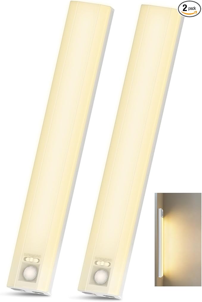 10inch Under Cabinet Lighting, 68 LED Rechargeable Motion Sensor Light Indoor, 6 Levels Dimmable Magnetic Closet Lights, Wireless Under Counter Lights for Kitchen, Stairs, Bedroom, 2-Pack Warm Light