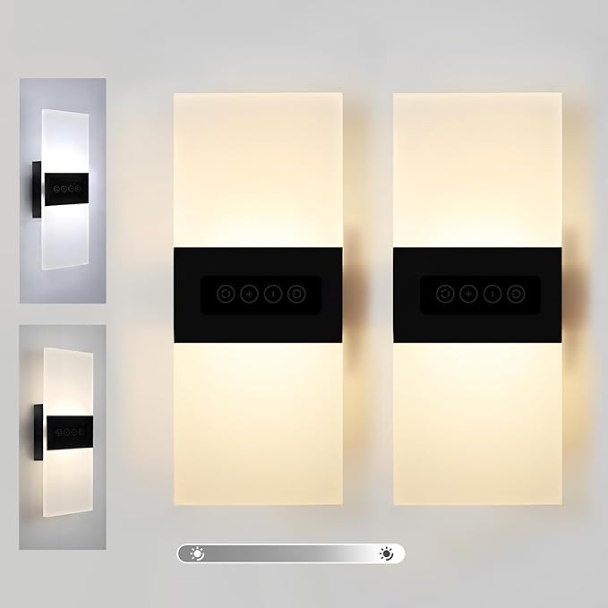 2 Pack Modern Wall Sconces with Touch Switch Dimmable 12W Hardwired Wall Lights Fixtures 3000K/4000K/6000K Brightness Adjustable LED Wall Sconce Lighting Indoor Black for Bedroom Living Room