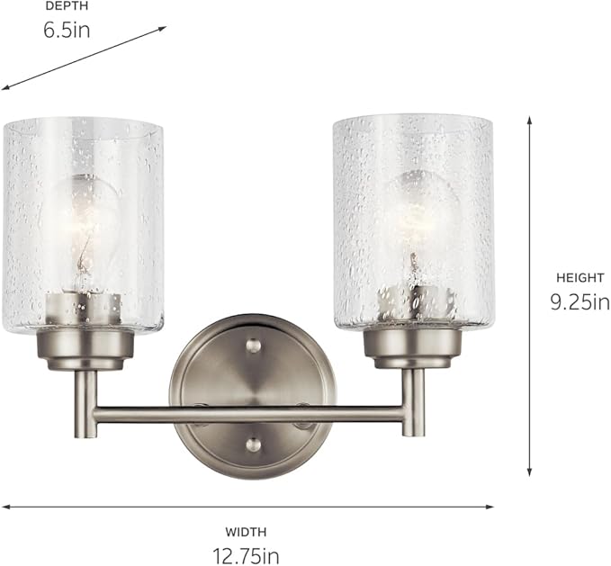 Kichler Winslow 12.75" Vanity Light in Brushed Nickel, 2-Light Transitional Bathroom Light with Clear Seeded Glass. (12.75" W x 9.25" H), 45885NI