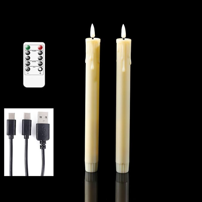 Pack of 6 Decorative Rechargeable Beige Taper Candles with USB Charge Warm White Light 10 Inch,Remote Flameless Christmas LED Window Candlesticks,25.5 cm Plastic Wedding Candles with Timer