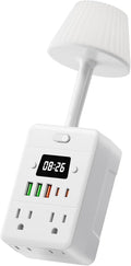 Bedside Power Strip with Lamp & Digital Clock, 4 Outlets 5 USB Ports (2 USBC), 3-Color Temperature Dimmable Bedside Nightstand Light, Multi Plug Outlet Extender for Bedroom Home Office, Coffee Counter