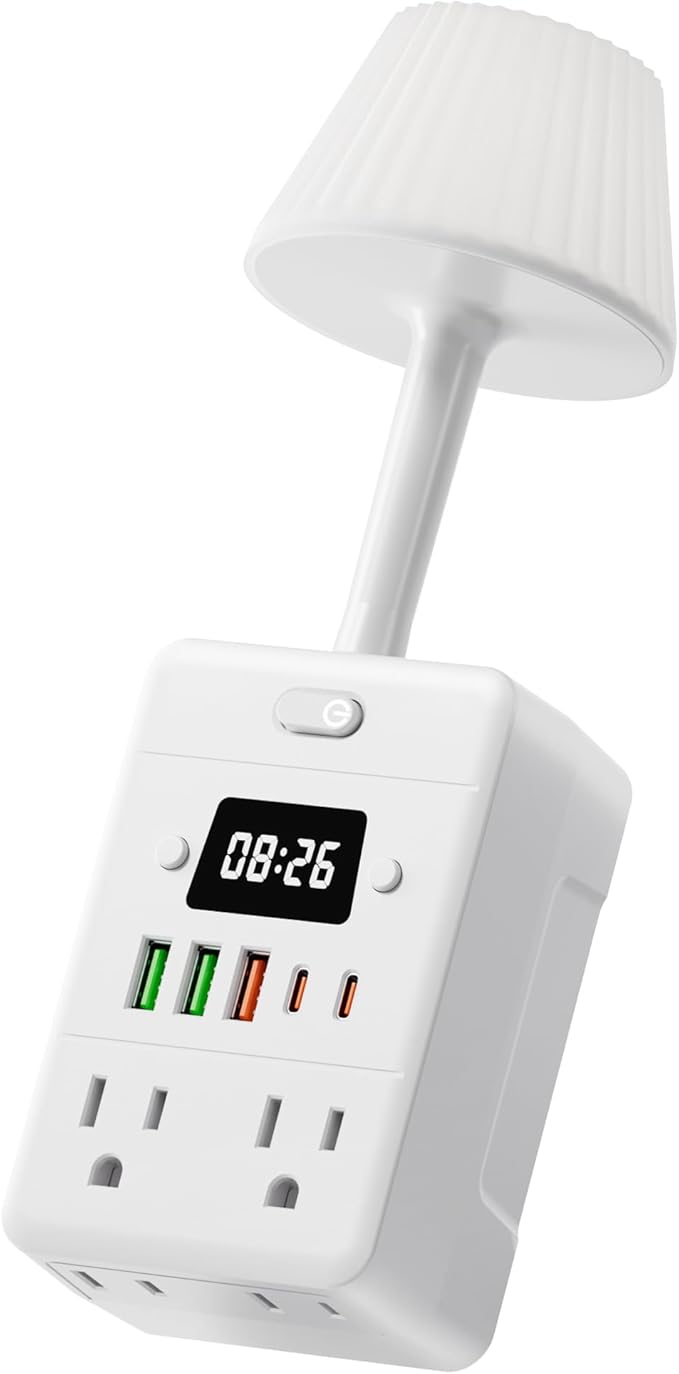Bedside Power Strip with Lamp & Digital Clock, 4 Outlets 5 USB Ports (2 USBC), 3-Color Temperature Dimmable Bedside Nightstand Light, Multi Plug Outlet Extender for Bedroom Home Office, Coffee Counter