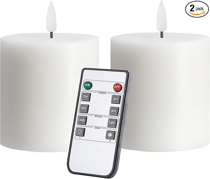 Flameless Candles Set of 2 (3x3 inch) Flickering LED Real Wax Candles Battery Operated with Remote Control Timers for Fireplace Bedroom Livingroom Party Dimmable White Pillars Flat top