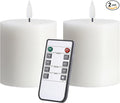 Flameless Candles Set of 2 (3x3 inch) Flickering LED Real Wax Candles Battery Operated with Remote Control Timers for Fireplace Bedroom Livingroom Party Dimmable White Pillars Flat top