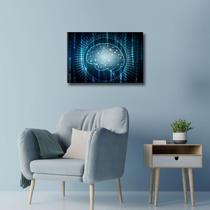 TUMOVO Digital Technology Wall Art for Living Room Artificial Intelligence Brain Canvas Wall Art Modern Wall Decor Art for Bedroom Office Paintings Giclee Framed Ready to Hang, 18x12in