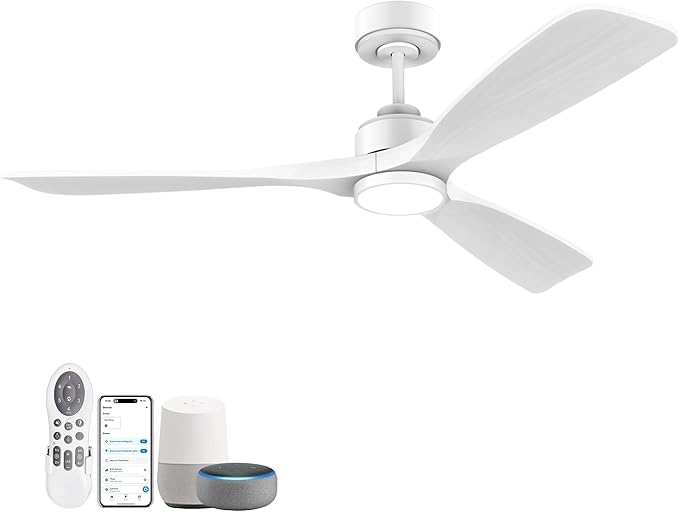 52 Inch Wood Smart Ceiling Fans with Lights Remote,Voice Control via WIFI Alexa App,Quiet DC Motor,Outdoor Indoor Ceiling Fan,Dimmable,Modern White Lighting & Ceiling Fan for Bedroom Patio Porch
