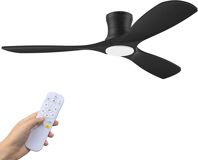 52inch Wood Ceiling Fans with Lights and Remote,Low Profile Modern Black Ceiling Fan with Light,Outdoor Indoor Flush Mount Ceiling fan,for Bedroom Living room Patio,3 Blades,Dimmable LED,Quiet