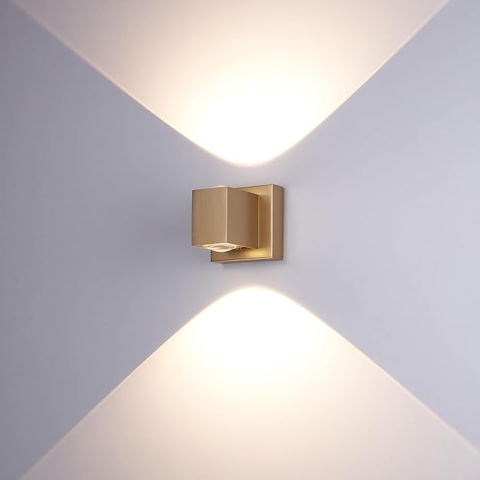 Tubicen Wall Sconce Up Down Indoor Dimmable Home Theater Sconces Lighting Square Hardwired 10W Bright Modern Up and Down Wall Lights for Living Room Hallway Stairway Gold