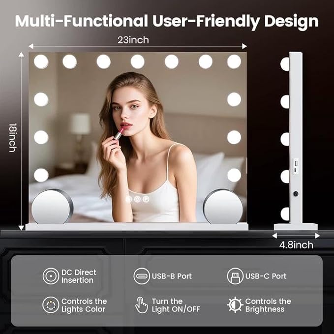 VESAUR Hollywood Vanity Mirror with 10X/15X Magnification and Lights, USB/Type-C Port Makeup Mirror with 15 Dimmable LED Bulbs, 3 Color Modes, Tabletop & Wall Mount for Bedroom, Aluminum（23"x18"）