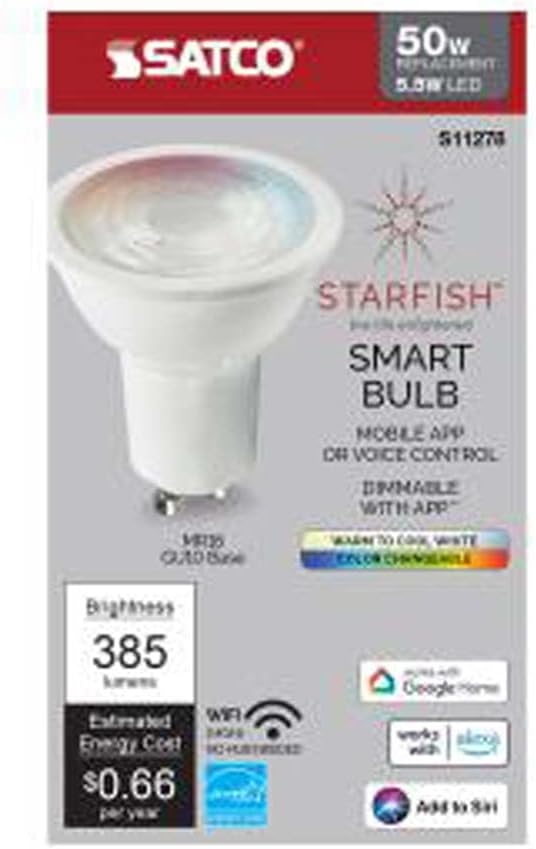 Satco S11278 Starfish WiFi-Control MR16 LED Color-Changing and Tunable White Smart Light Bulb, 5.5 Watts, 2700K-5000K
