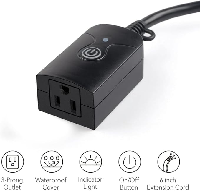 HBN Outdoor Indoor Wireless Remote Control 3-Prong Outlet Weatherproof Heavy Duty 15 A Compact 1 Remote 1 Outlet with Remote 6-inch Cord 100ft Range ETL Listed (Battery Included)