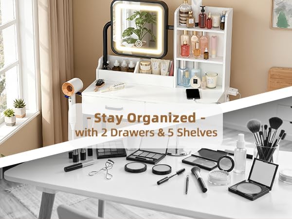 Compact Makeup Vanity for Girls with Mirror and Lights, Vanities Desk with 2 Drawers and Charging Station, LED Lighted Bedroom Dressing Table, Black