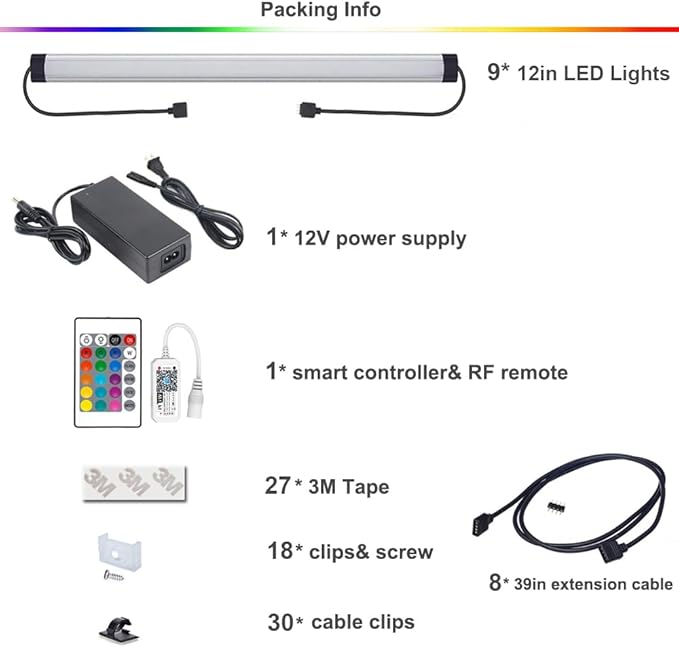 Under Cabinet LED Lighting, Dimmable Under Counter Lights, WiFi Smart Controlled,RGB,12 Inch, Multicolor Linkable Lamps with Remote Control, Compatible with Alexa Google Home (9 Pack)