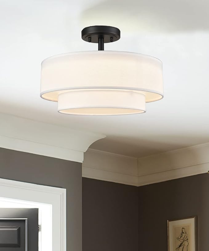 DAYCENT Black Drum Semi Flush Mount Ceiling Light Modern Farmhouse Dimmable LED Light Fixture Ceiling 30W 3000K/4500K/5500K Drum Shade Ceiling Light for Bedroom Hallway