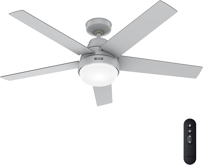Hunter 52 inch Indoor Ceiling Fan with LED Light and Remote Control - Modern Smart Ceiling Fan, Standard Mount, 5 Blades, For Bedroom, Living Room, or Kitchen, Quiet - Aerodyne 52614, Dove Grey