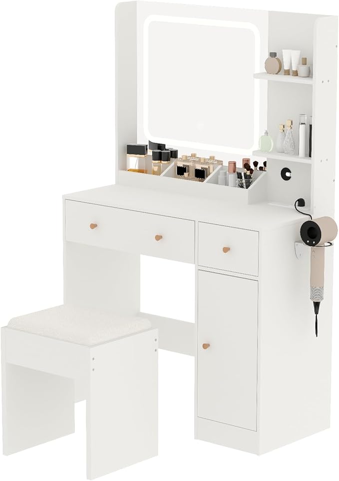 Vanity Desk with Mirror and Lights,Power Outlet,Makeup Vanity Table Set with Storage Drawers Shelves Cabinet& Chair,3 Lighting Modes & Adjustable Brightness,Dressing Table for Bedroom