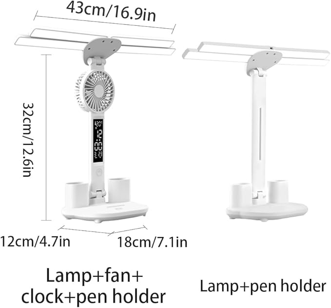 Foldable Led Desk Lamp with Fan Clock Light Study, 3 Lighting Modes, Adjustable Table Lamp Dimmable Eye Caring Reading Lamp for Home Office College Dorm Bedroom Bedside