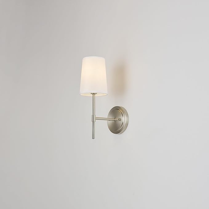 Globe Electric 51858 Clarissa 1-Light Wall Sconce, Brushed Nickel, White Fabric Shade, Bulb Not Included