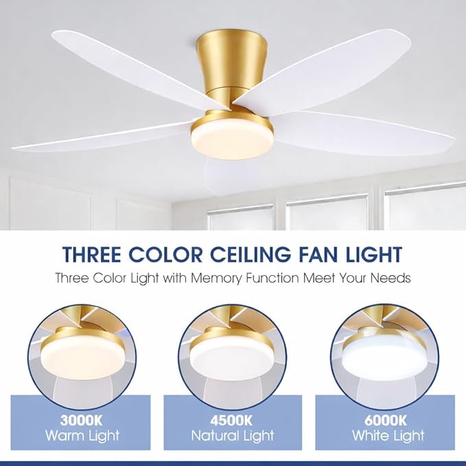 42" Ceiling Fans with Lights-Low Profile Ceiling Fan with Light and Remote/APP Control,Flush Mount Gold Ceiling Fan with Reversible White Blades