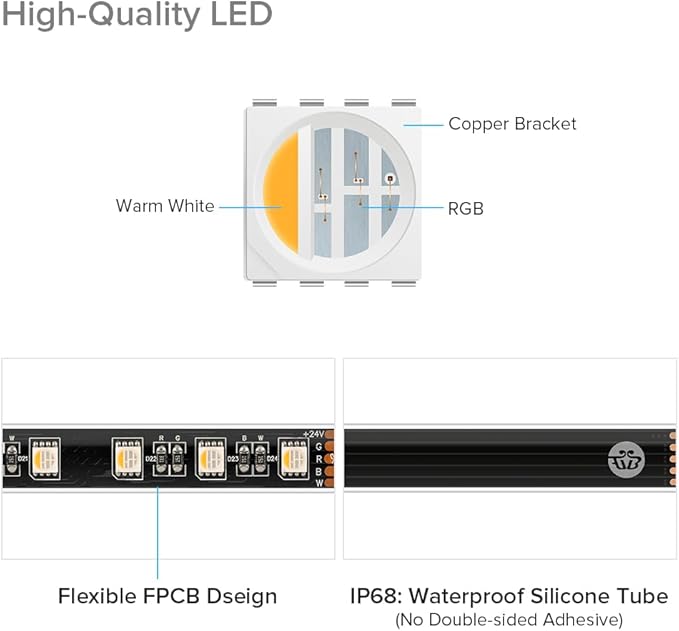 BTF-LIGHTING IP68 Waterproof Outdoor RGBW LED Strip 5050SMD RGB+Warm White(3000K-3500K) 4 Colors in 1 DC24V 16.4ft 5m 60LED/m Multi-Colored Tape Lights for Kitchen Decoration(No Adapter or Controller)