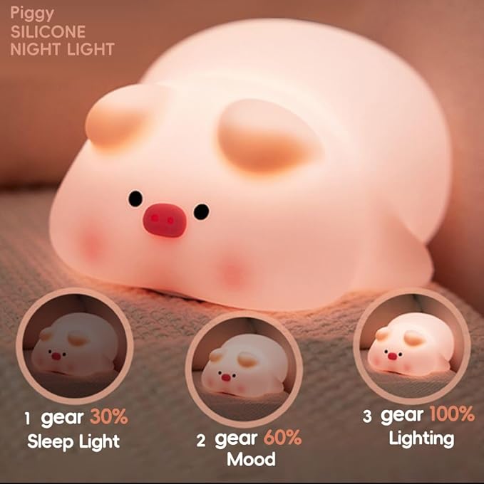 Cute Pig Night Light Silicone, Squishy Piggy Night Lamp,Kids Room Decor Atmosphere Nightlight, Baby Nursing Bedside Touch Lamp, Rechargeable and Dimmable LED Night Light，Piggy Gifts.